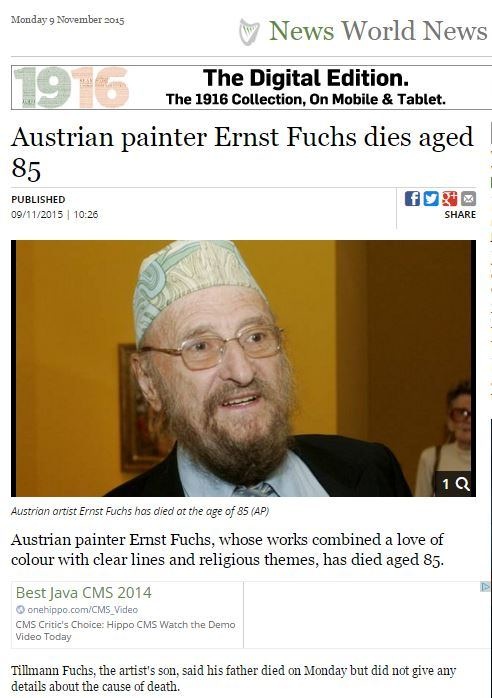 Austrian painter Ernst Fuchs, whose works combined a love of colour with clear lines and religious themes, has died aged 85.