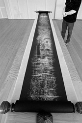 Scroll, a white pencil drawing on black paper measuring over 10 feet in length, debuted in April 2011 at Amo Art.